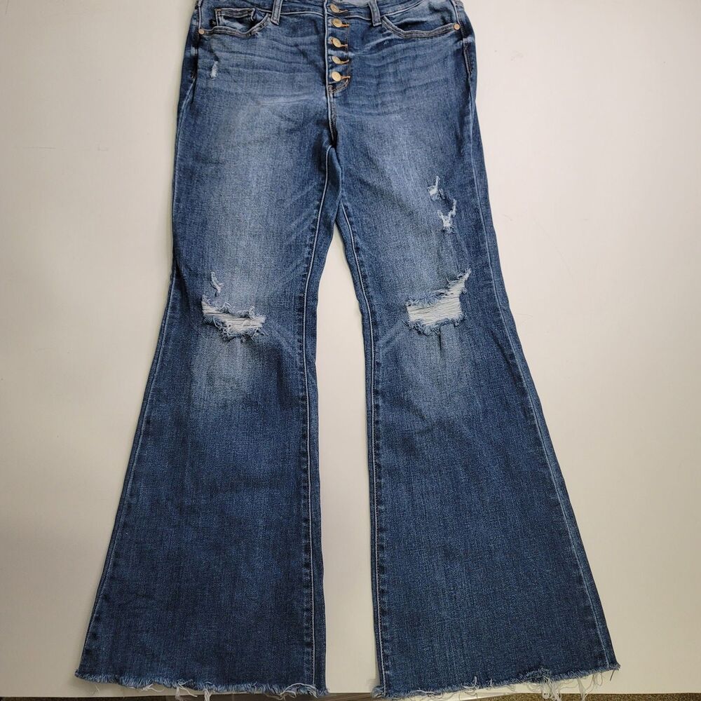 Judy Blue Flare Jeans Womens 15/32 High Rise Distressed Raw Hem Button Fly Boho